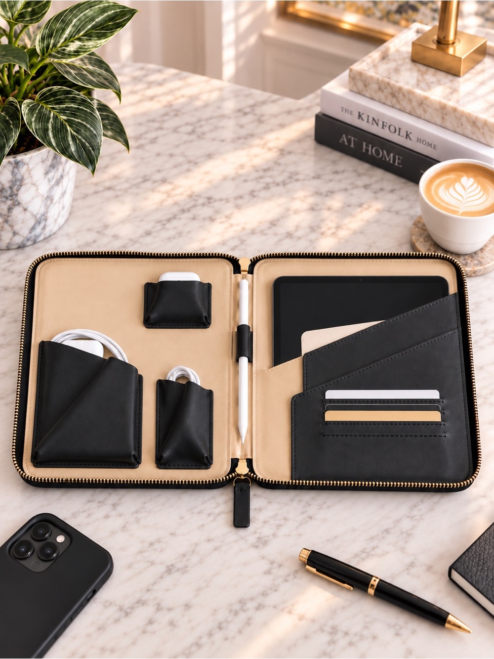 Mark & Graham Essential Leather Tech Folio Black Tan Travel Organizer